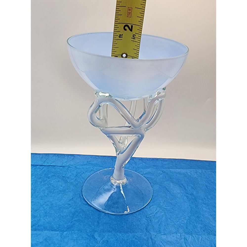 Artisan Hand Blown Frosted Blue Glass Coupe Abstract Sculptural Stem Compote - Picture 7 of 7